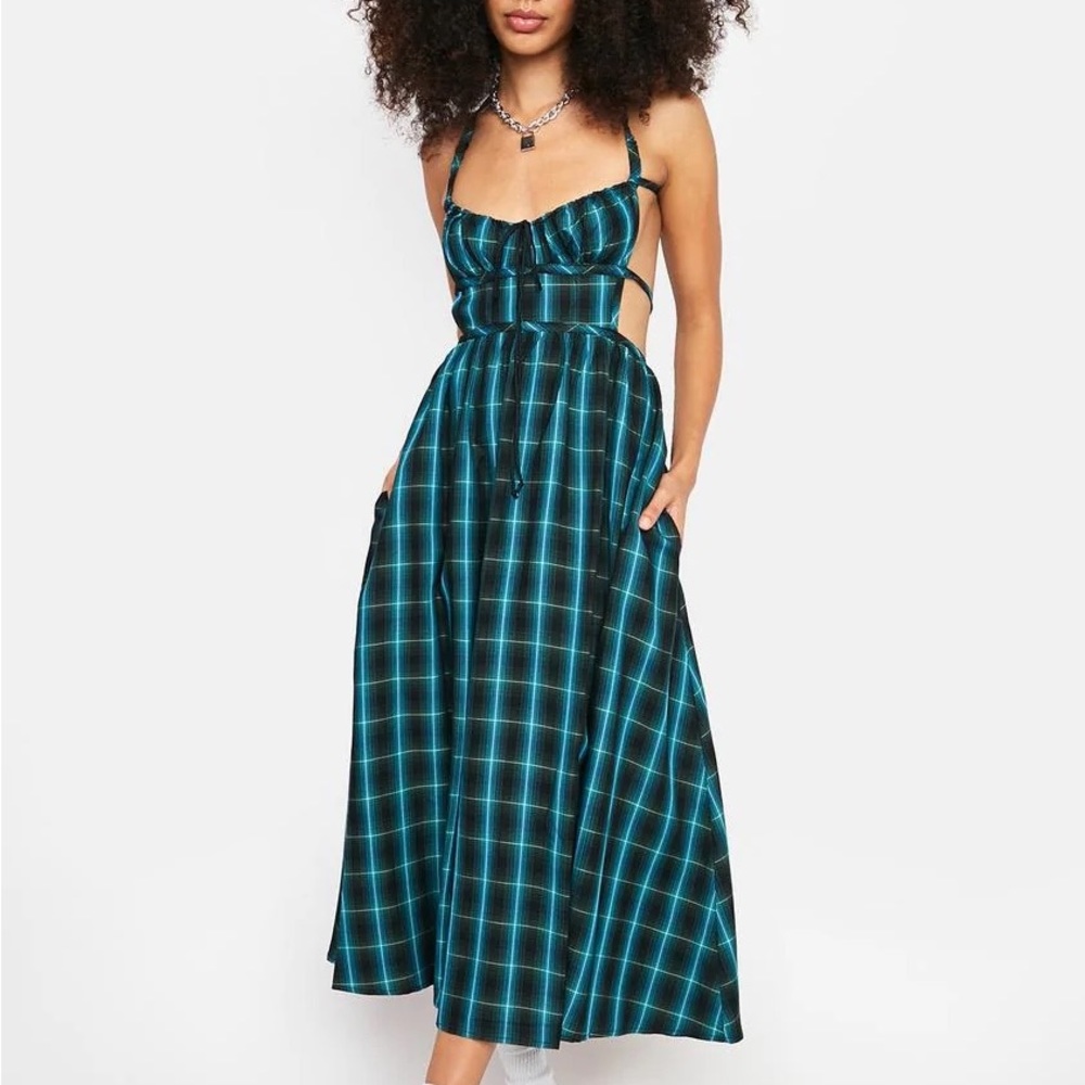 For Love And Lemons Black and Blue Plaid Midi Dress
